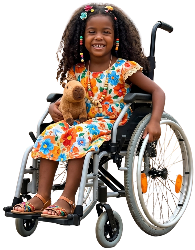 Menina sorrindo em cadeira de rodas